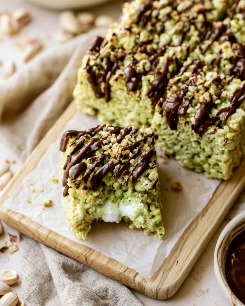 Pistachio Rice Krispie Treats with Dark Chocolate